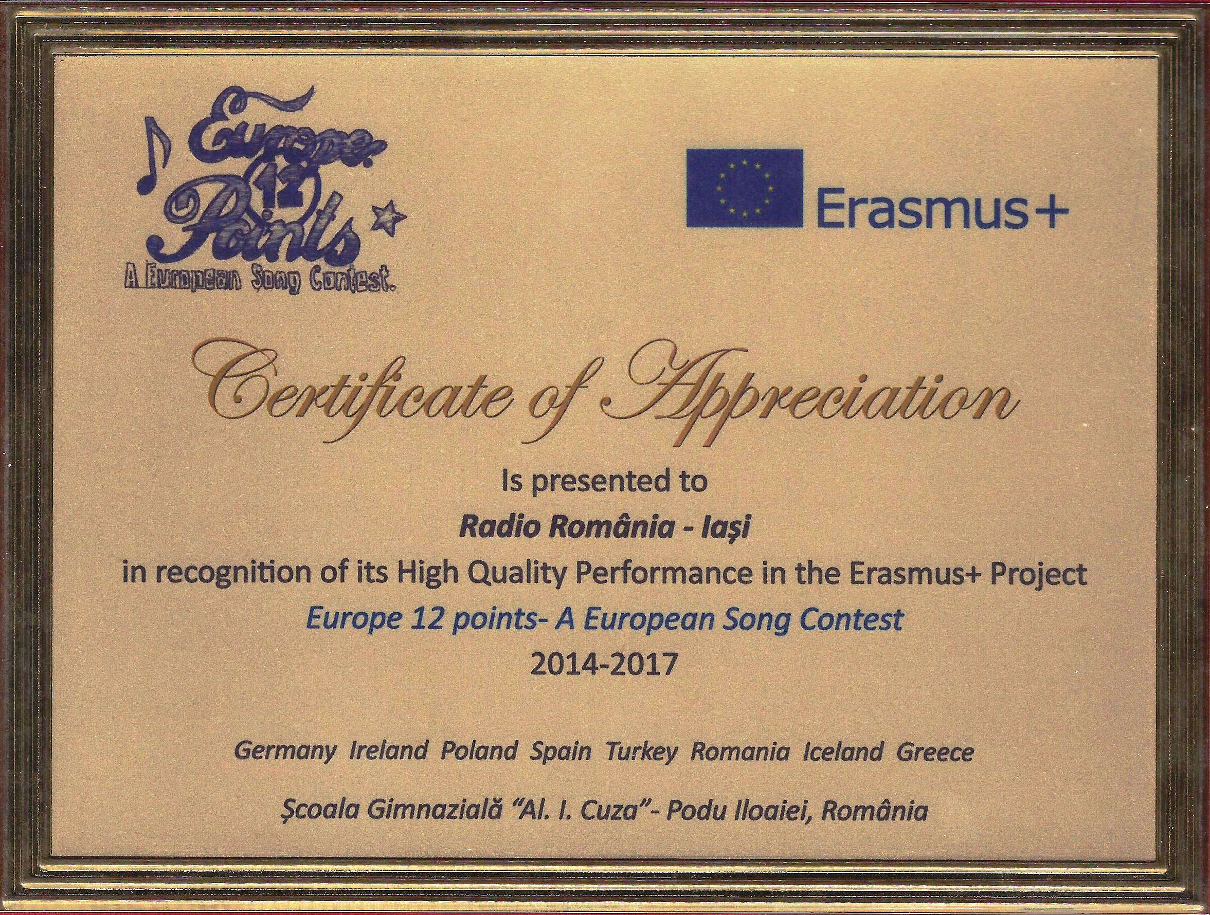 Certificat de Apreciere pentru promovarea programului Erasmus+, acordat Radio România Iaşi