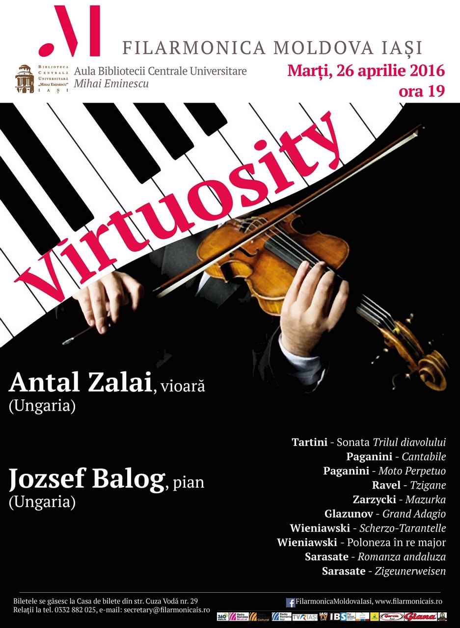 Iaşi, 26 apr., de la ora 19:00, BCU, Recital „Virtuosity” Antal Zalai vioară-Jozsef Balog pian