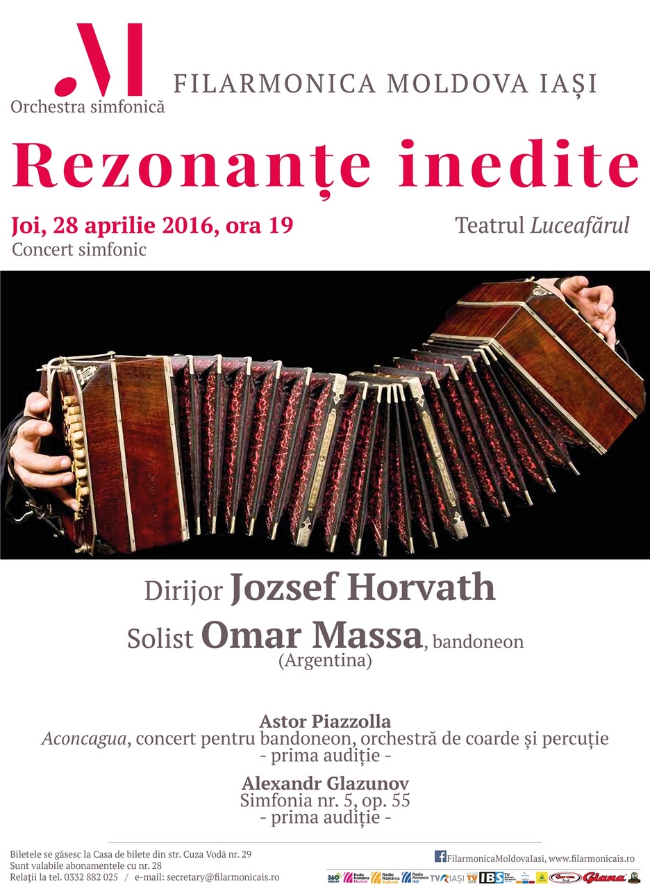 Iaşi, JOI 28 apr., de la ora 19:00, la Teatrul Luceafărul, Rezonanțe inedite cu Omar Massa, bandoneon (Argentina) şi dirijorul Jozsef Horvath