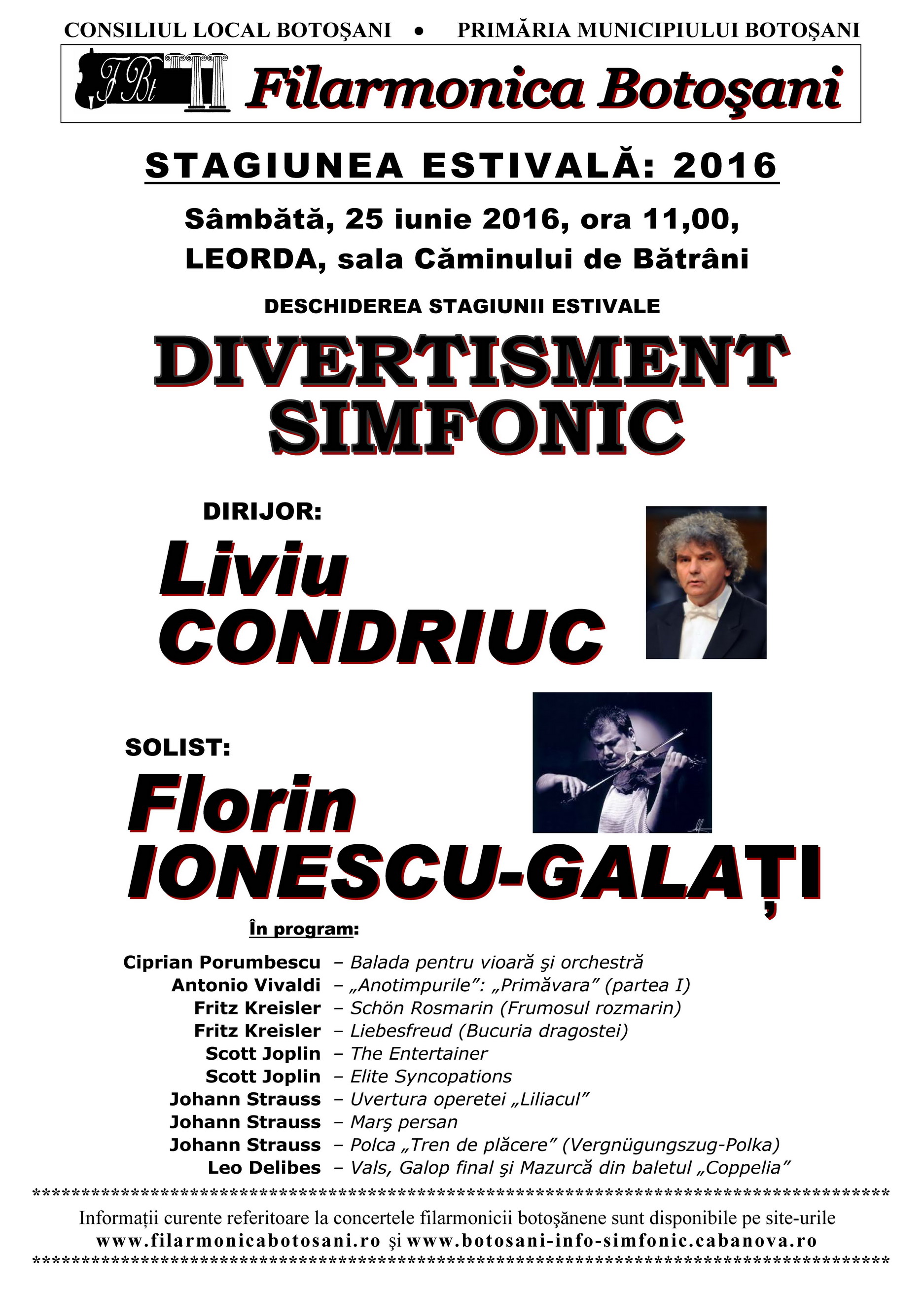 Final de stagiune la Filarmonica Botoșani cu Gheorghe Costin, Florin Ionescu-Galați, Liviu Condriuc