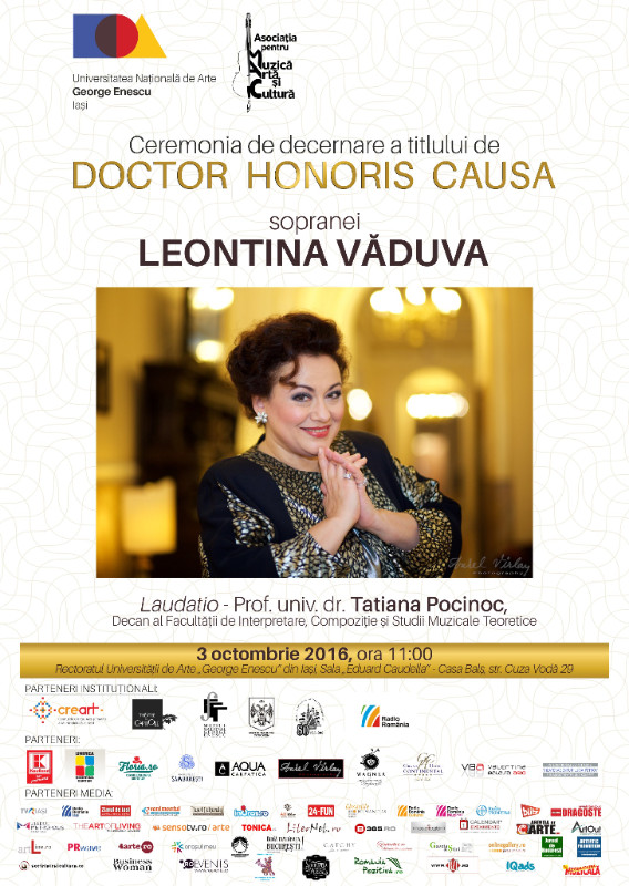 Iași, 3 oct, 11:00, Sala Eduard Caudella, Ceremonia de acordare a titlului de DHC sopranei Leontina Văduva