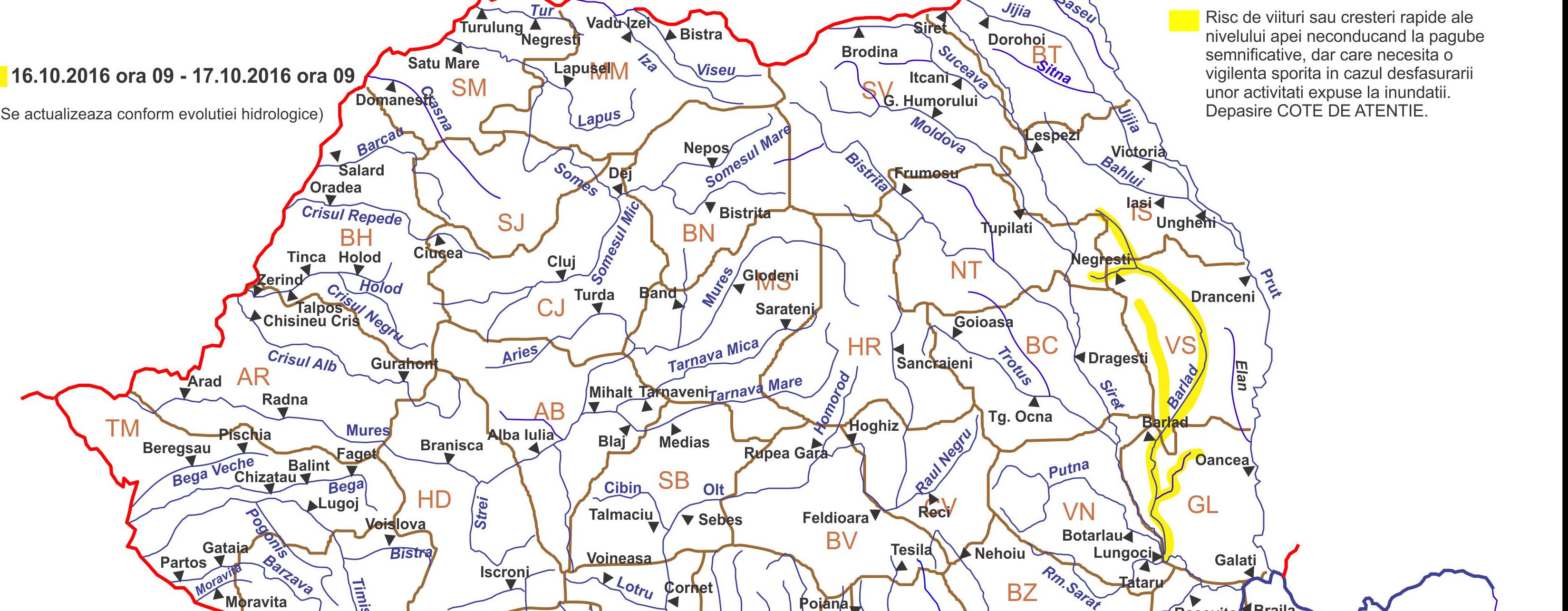 ATENŢIONARE hidrologică COD GALBEN valabilă pentru bazinul hidrografic Bârlad şi afluenţii acestuia