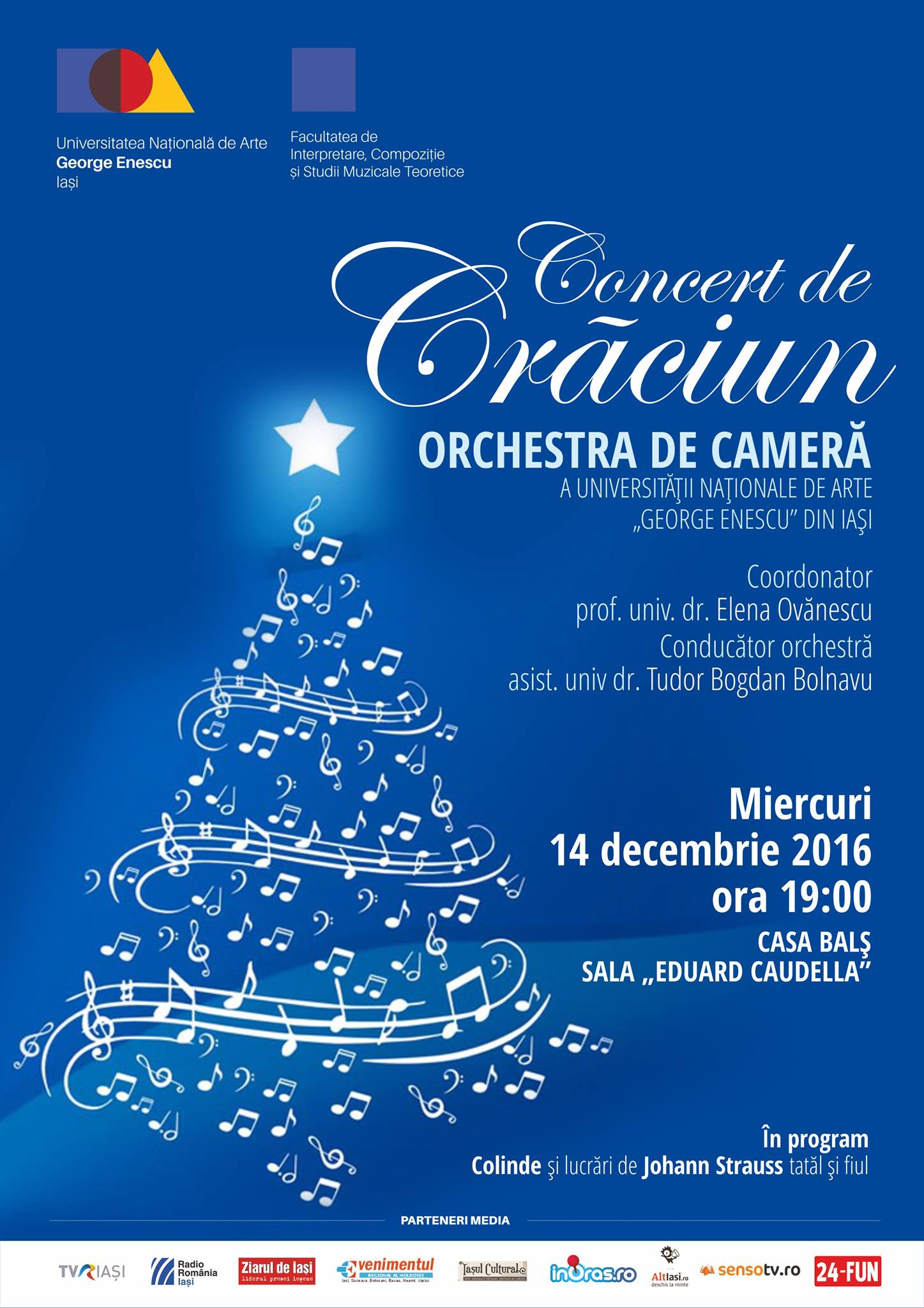 Iași, 14 dec., 19.00, Casa Balș: Concert de Crăciun cu Orchestra de Cameră a Universității Naționale de Arte „George Enescu”