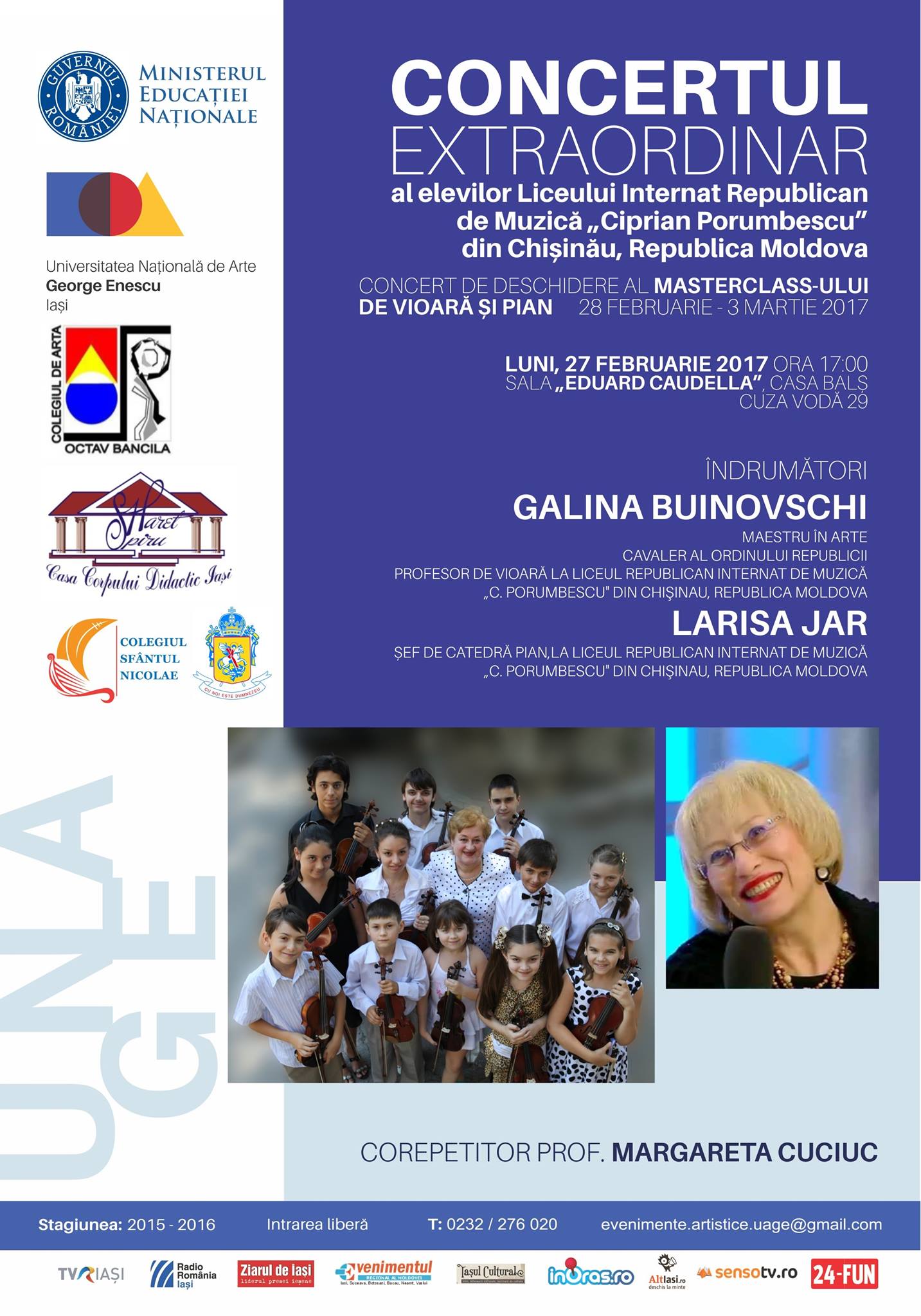 27 feb., ora 18.00, Concert extraordinar la Universitatea Națională de Arte „George Enescu”, Sala Eduard Caudella