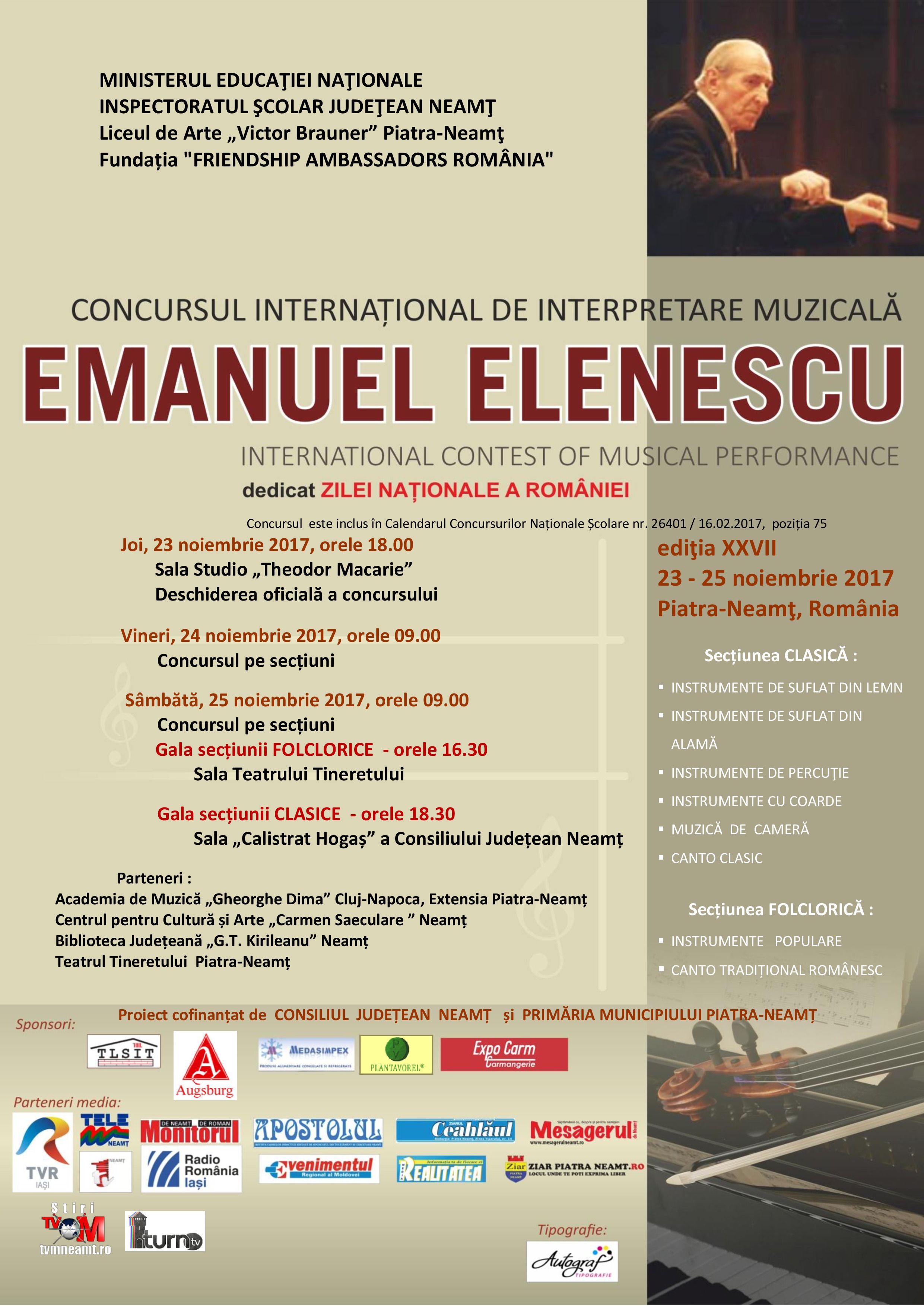 25 nov, de la ora 16.30 Concursul Elenescu de la Piatra Neamț, cu două gale în acest an, la ediția 2017