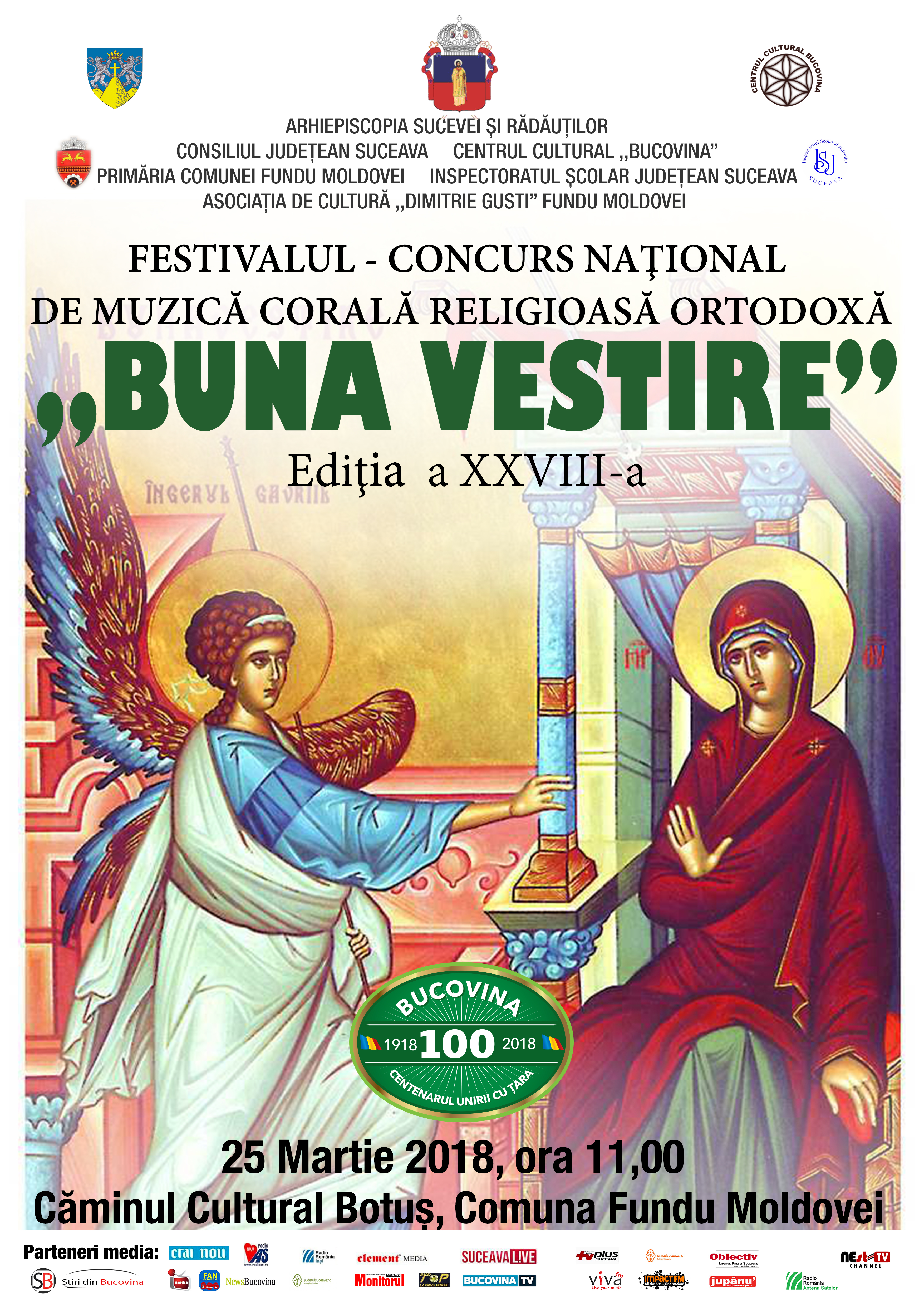 SUCEAVA: Festivalul concurs naţional de muzică corală religioasă ortodoxă „BUNA VESTIRE”, Botuş, comuna Fundu Moldovei