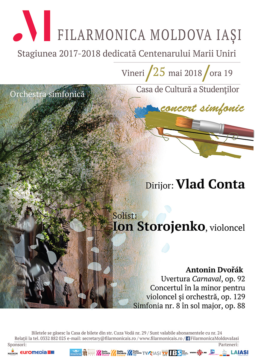 Iaşi, 25 mai: Violoncelistul Ion Storojenko şi dirijorul Vlad Conta cu un program integral Dvorak la Filarmonica Moldova