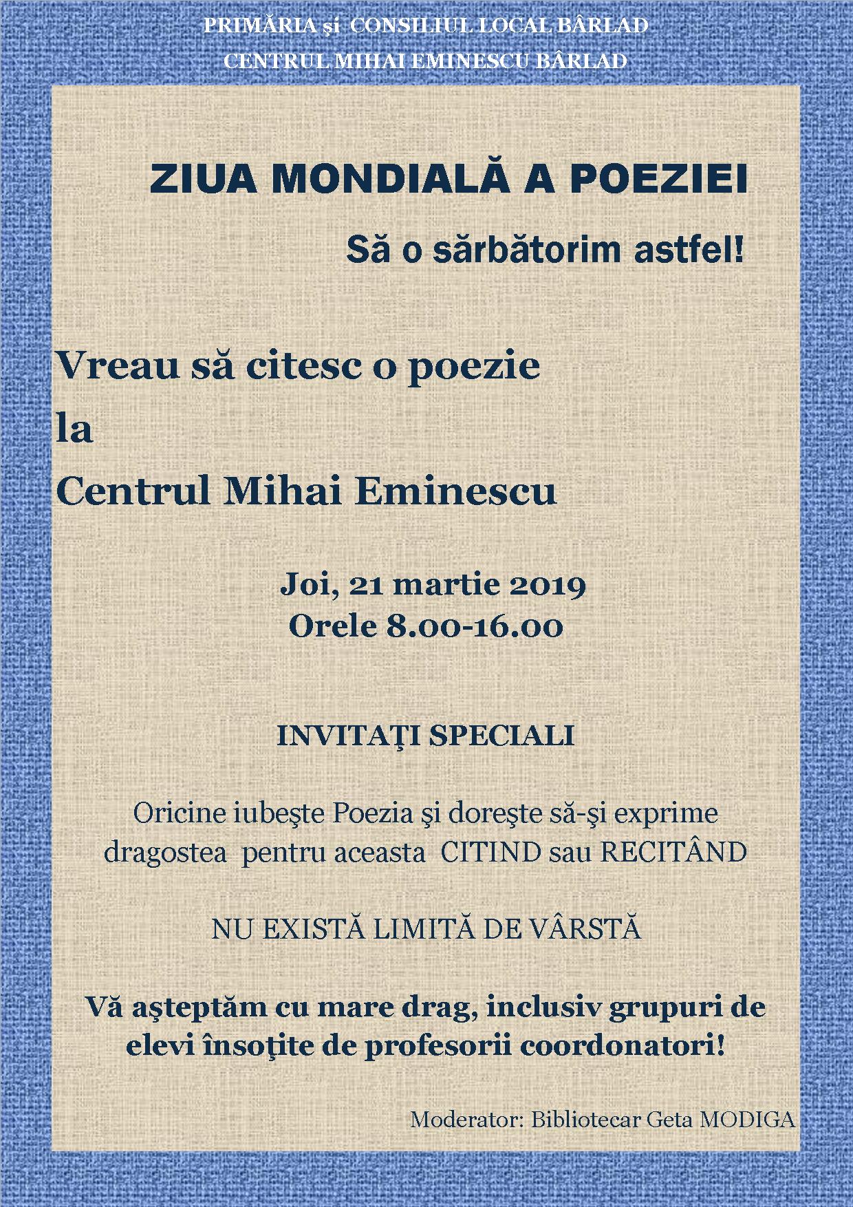 „Ziua Mondială a Poeziei” la Centrul „Mihai Eminescu” din Bârlad