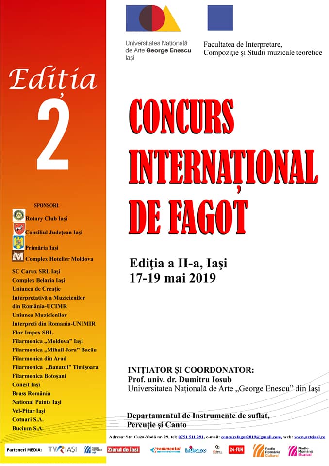 Iaşi, 17-19 mai, ediţia a 2-a a Concursului Internaţional de Fagot, Gala are loc pe 19 mai, ora 19.00, în Casa Balş