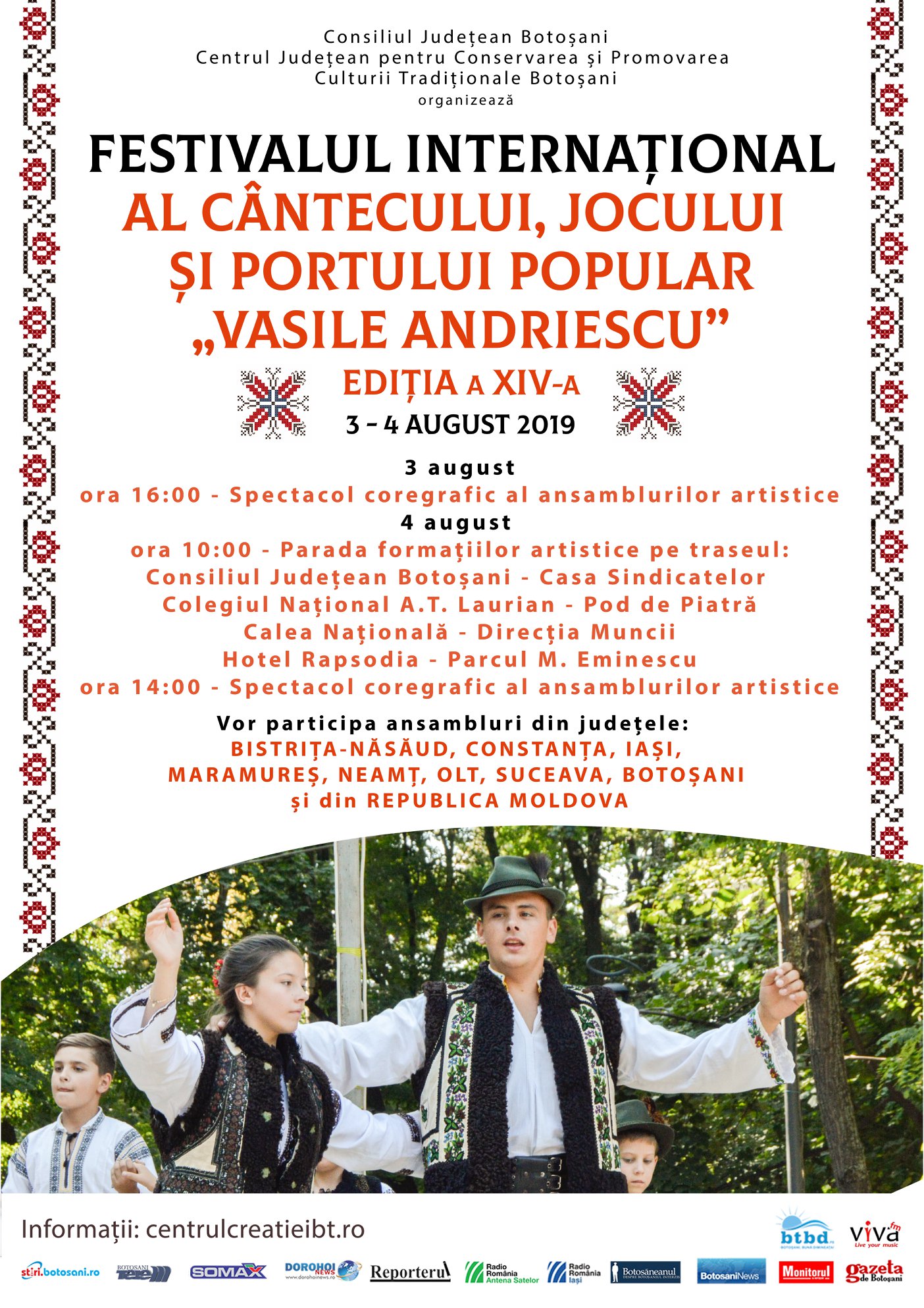 Botoșani, 3-4 august 2019: Festivalul Internaţional al Cântecului, Jocului, Portului Popular „Vasile Andriescu” şi Festivalul fanfarelor