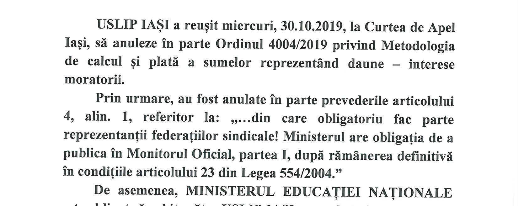 Victorie în instanţă pentru Uniunea Sindicatelor Libere din Învăţământul Preuniversitar Iaşi