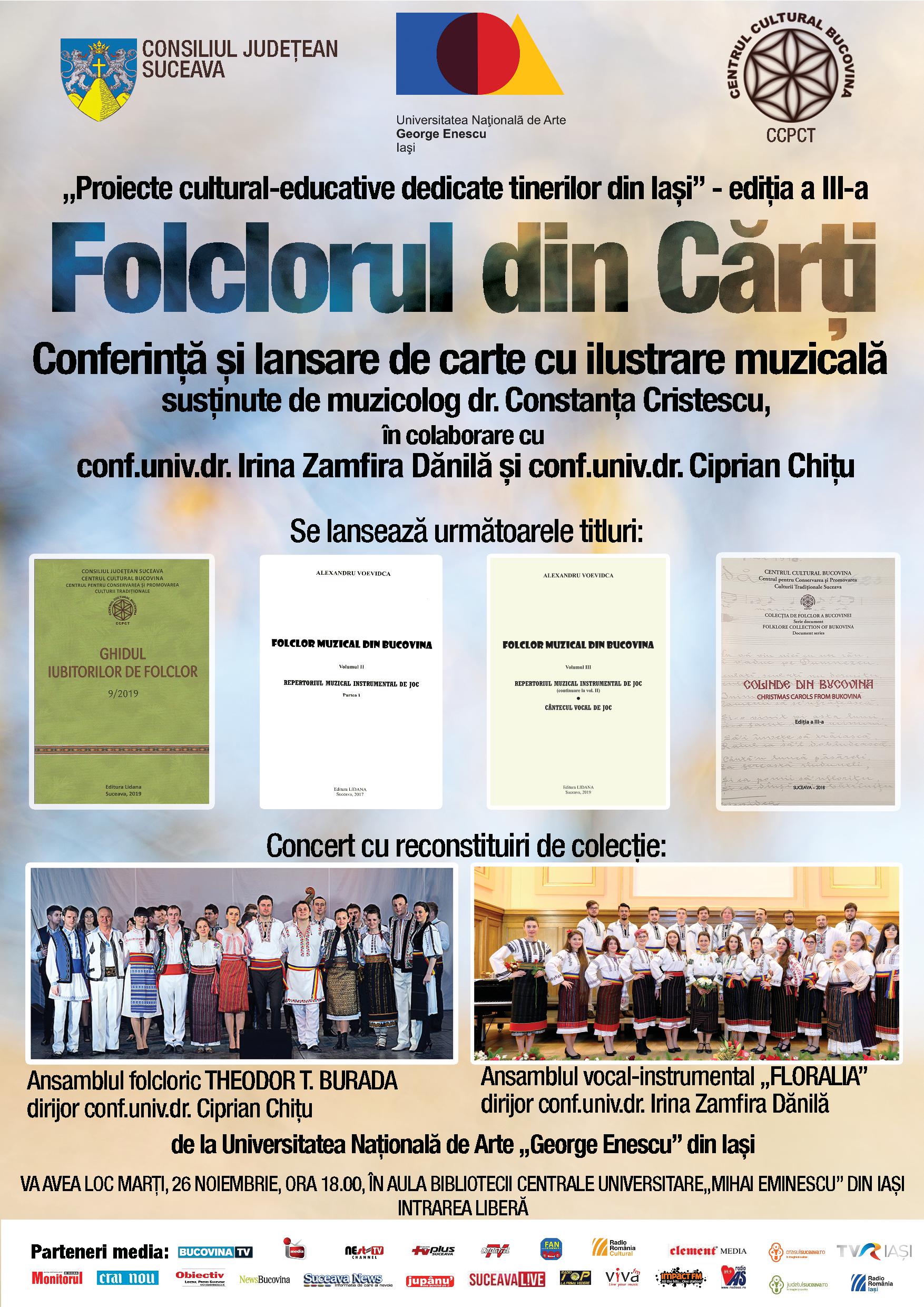 Iaşi, 26 nov, ora 18, Aula BCU, FOLCLORUL din CĂRŢI, concert, conferinţă şi lansare de volume