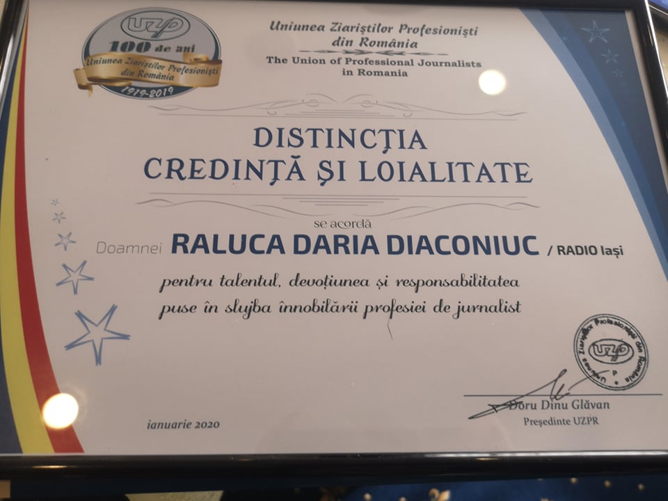 Distincţie din partea UZPR, acordată jurnalistei Raluca Diaconiuc