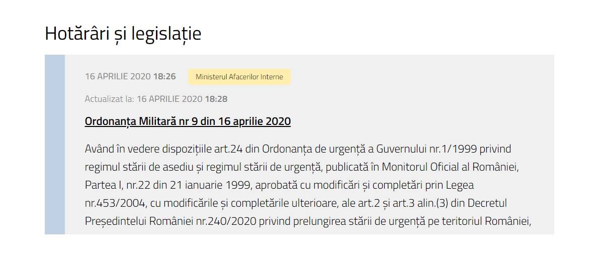 Ministrul Afacerilor Interne a emis Ordonanţa militară nr. 9 privind măsuri de prevenire a răspândirii COVID-19