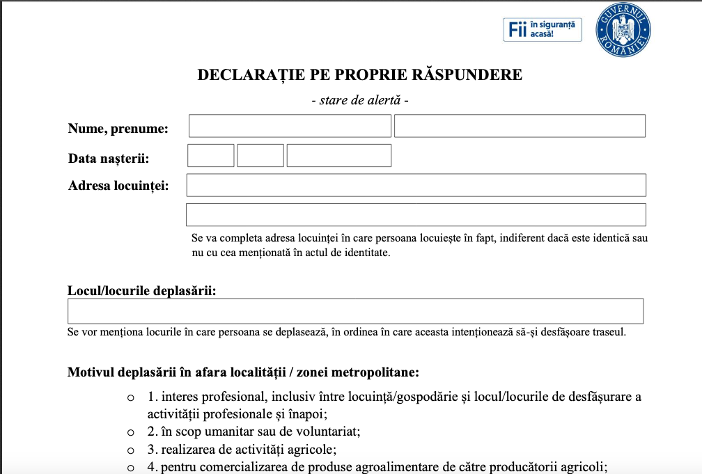 Declarație pe proprie răspundere pentru ieșirea din localitate DESCARCĂ AICI