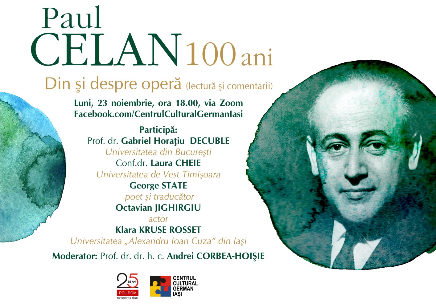 23 noiembrie 2020, ora 18:00 – Eveniment online „Paul Celan – 100 ani. Din și despre operă (lectură și comentarii)”