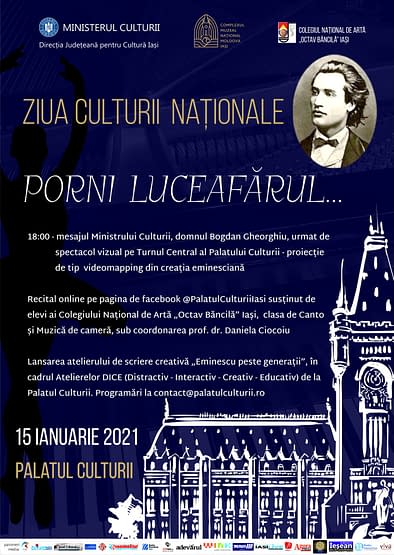 Versuri de Mihai Eminescu vor fi proiectate pe Turnul Central al Palatului Culturii din Iași