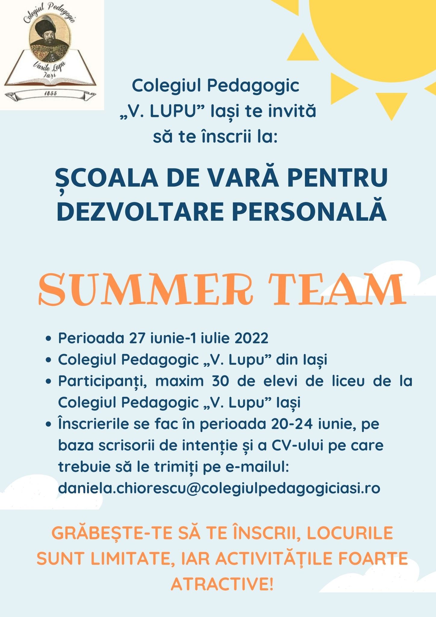 „Summer Team” proiect destinat elevilor de la Colegiul Pedagogic „Vasile Lupu” Iaşi