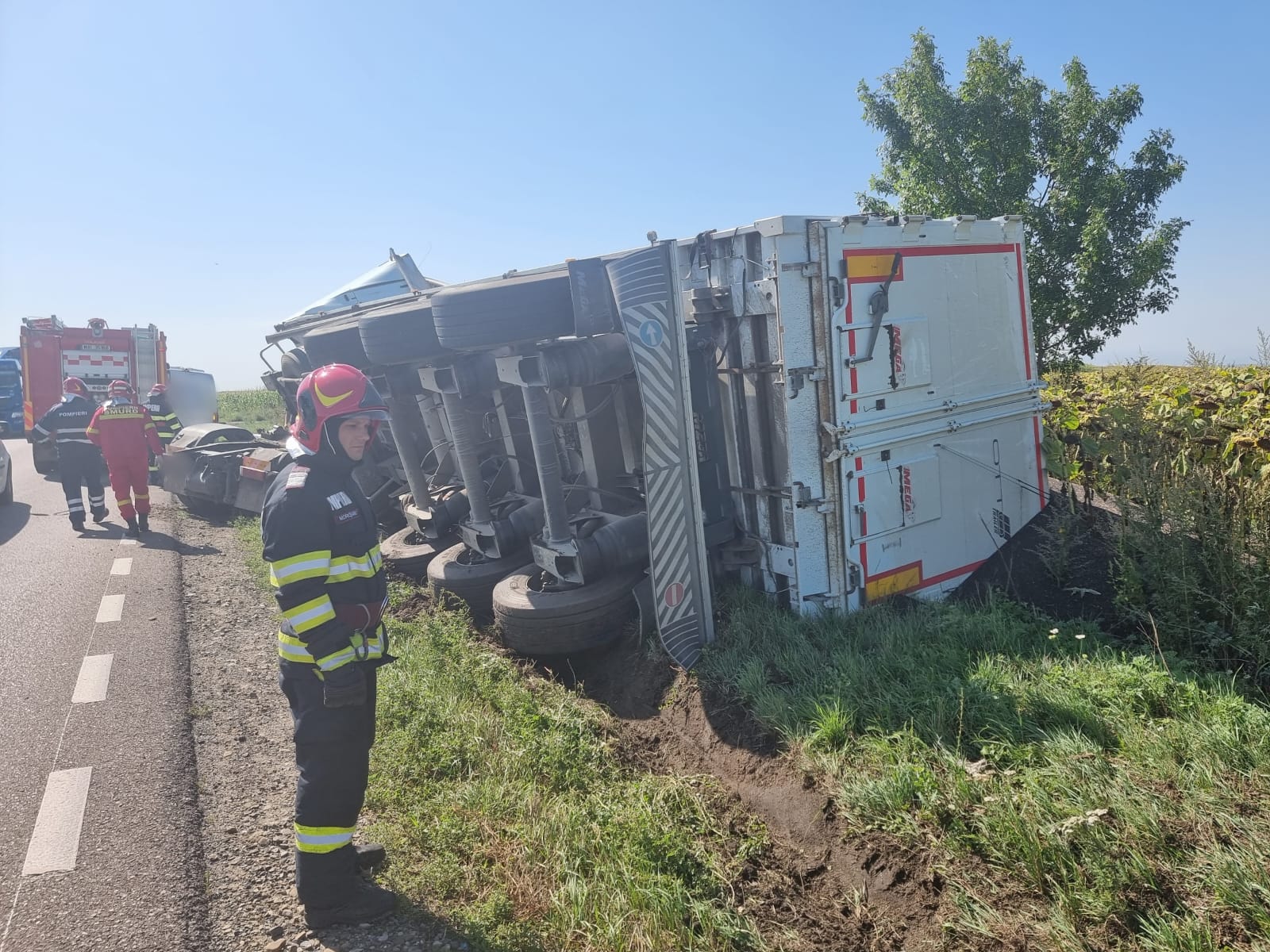 (FOTO) Camion încărcat cu rapiţă, răsturnat între municipiul Suceava şi localitatea Cumpărătura