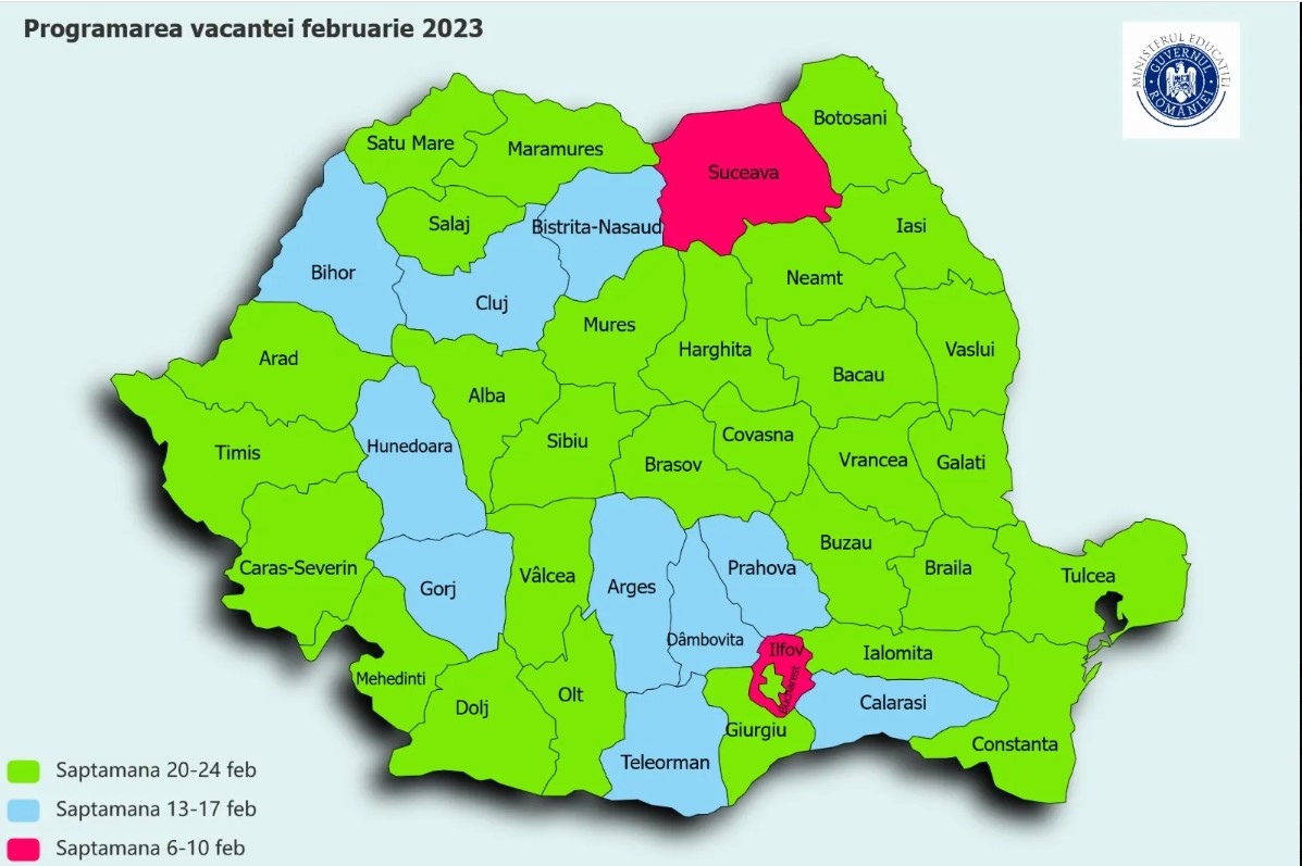 Harta vacanțelor din februarie 2023 pentru fiecare județ în parte