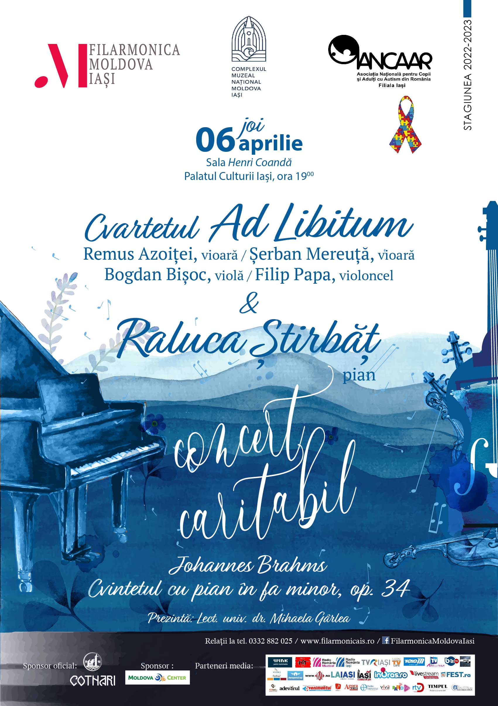 Concert cameral caritabil: Cvartetul „Ad libitum” și pianista Raluca Știrbăț la Palatul Culturii din Iași