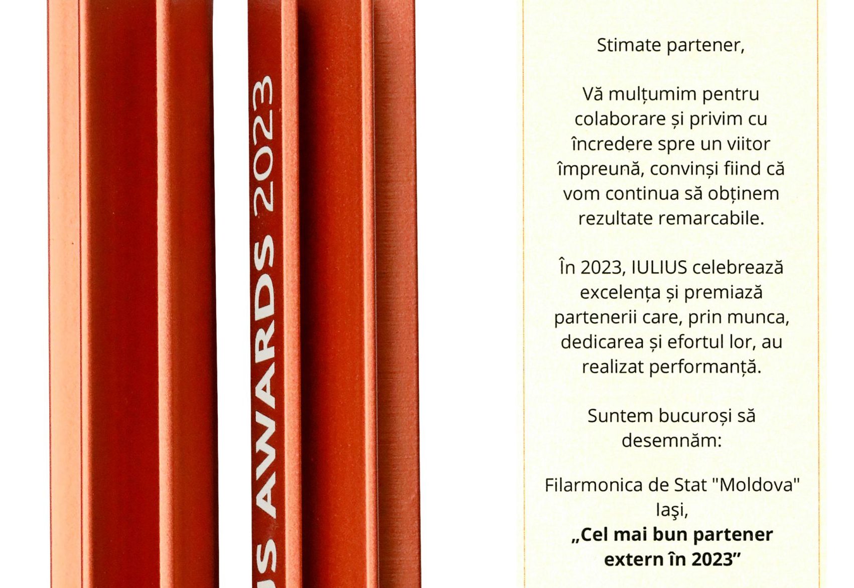 Filarmonica MOLDOVA din Iași a fost desemnată de către Compania IULIUS „Cel mai bun partener extern în 2023”