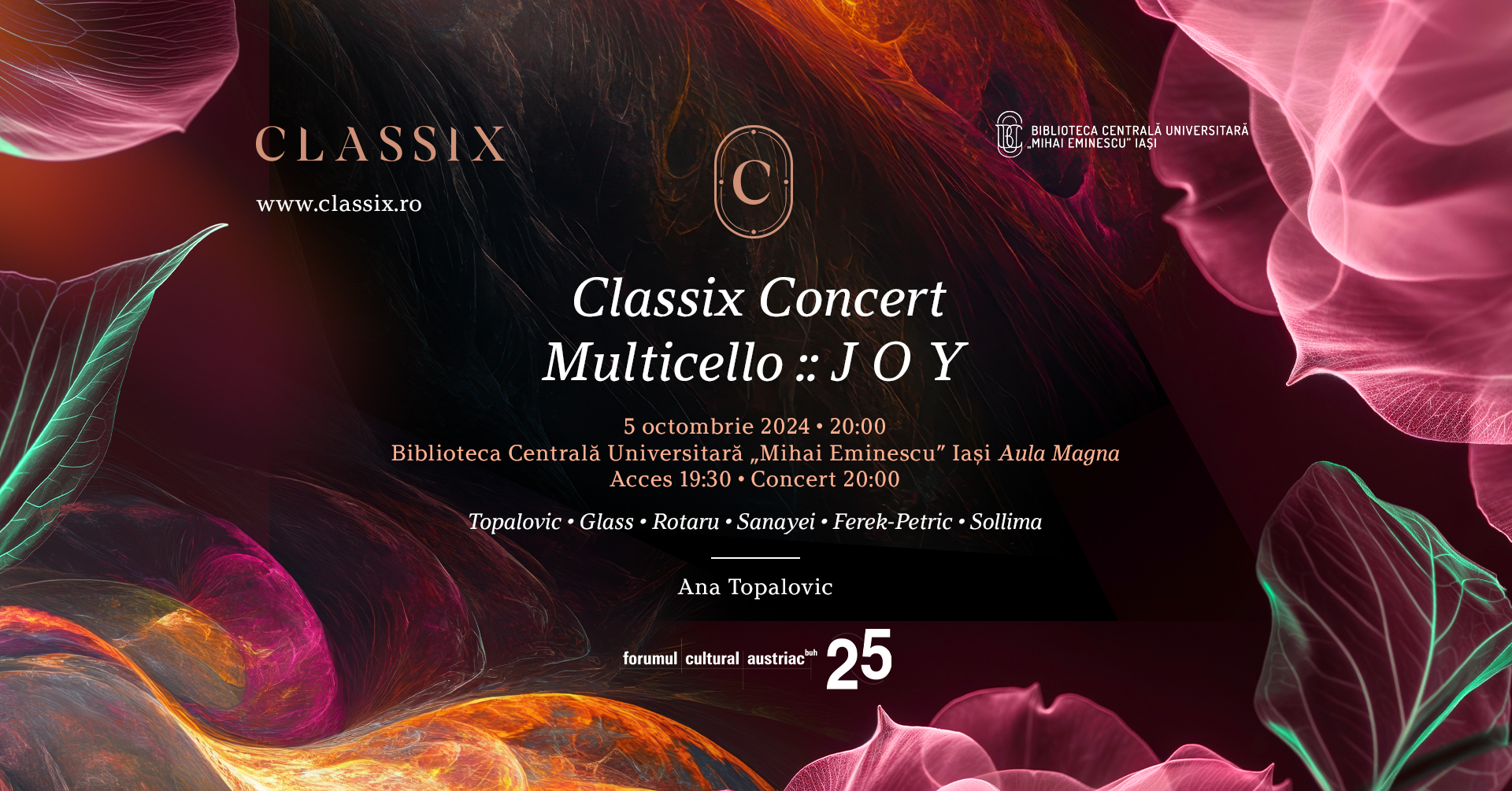 Iași, 5 oct., Biblioteca Centrală Universitară „Mihai Eminescu” – Classix Concert Multicello JOY, Ana Topalovic